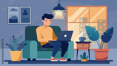 Vector art of man working on laptop at home sitting on a sofa in a cozy room with plants and a cup of coffee on the table in a flat vector illustration