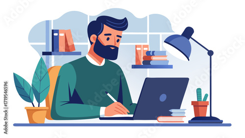 Vector art of man working on laptop at desk with books and plants in a flat vector illustration