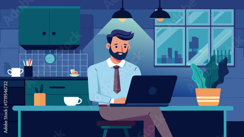 Vector art of a man with a beard is working on his laptop at home in the kitchen, illuminated by hanging lights, showcasing remote work and modern lifestyle