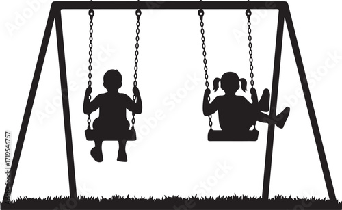 Kids Swinging on Playground Swing Silhouette