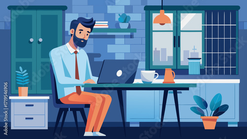 Vector art of man working on laptop at home in the evening, remote work concept, vector illustration