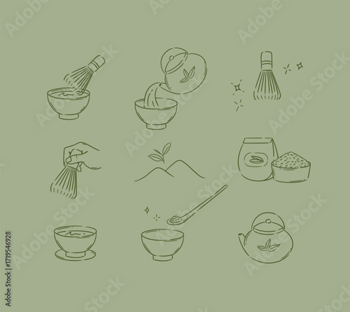 Matcha tea symbols teapot, whisk, bowl, plantation, cup, ceremony drawing with green color on olive background