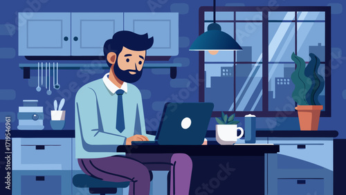 Vector art of man working on laptop at home in the kitchen at night, remote work, home office, freelancer, online education, vector illustration