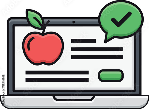 Laptop screen displays healthy red apple graphic confirming successful online food delivery order vector