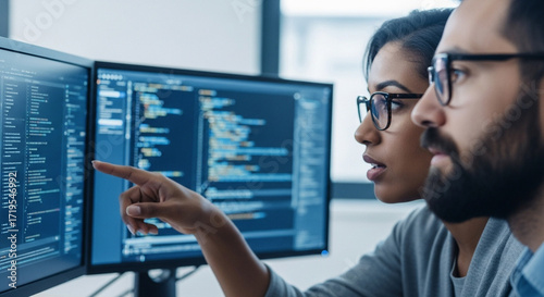 Focused software engineers collaborating on code review in modern office, developing innovative solutions for a tech startup together, creating new digital future