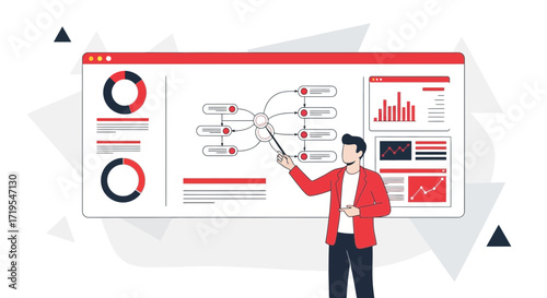 Vector illustration of a man presenting data analysis on a dashboard panel design with graphs