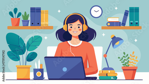 Vector art of a woman with headphones is working on her laptop at her desk, surrounded by plants and books, working from home with a smile on her face