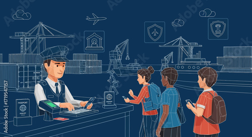 Travelers at Border Control Checking Passports in the Port Security Blueprint Style with Cargo