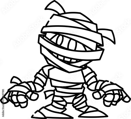 Mummy wrapped in bandages with accents and charms outline style.