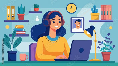 Vector art of a cheerful woman with headphones works on her laptop at a desk surrounded by plants and books, creating a vibrant and productive atmosphere