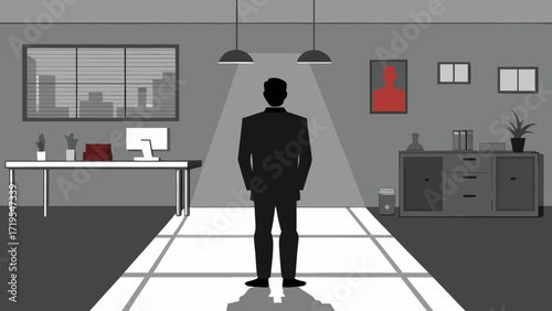 Vector art of a solitary figure stands in a modern office, contemplating the path ahead, symbolizing ambition, determination, and the pursuit of success in business