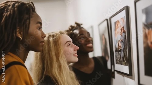 Group of diverse friends laughing and pointing at interactive display in museum during leisure time for cultural exploration