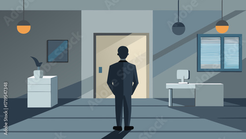 Vector art of a lone businessman stands in an empty office, facing a closed door, symbolizing challenges, decisions, and the uncertain future ahead in business