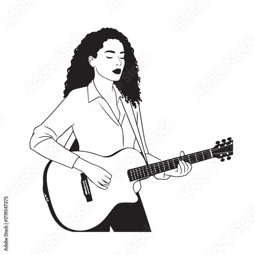 Black and white line art of a cool woman playing guitar in casual outfit minimalist stylish illustration
