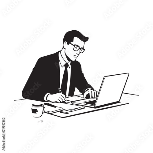 Black and white line art of a hardworking man at office desk with laptop and documents minimalist illustration