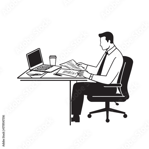 Black and white line art of a hardworking man at office desk with laptop and documents minimalist illustration