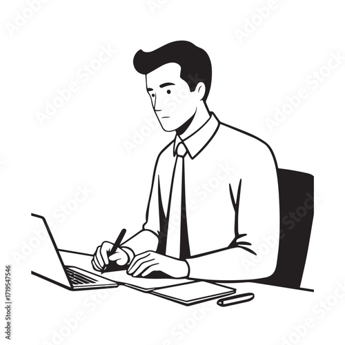 Black and white line art of a hardworking man at office desk with laptop and documents minimalist illustration
