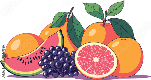 A vibrant illustration showcasing a refreshing assortment of ripe fruits, including juicy watermelon slices, dark grapes, and bright citrus fruits like orang...