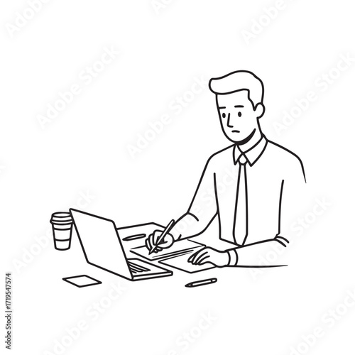 Black and white line art of a hardworking man at office desk with laptop and documents minimalist illustration