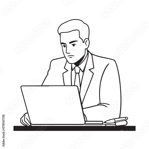 Black and white line art of a hardworking man at office desk with laptop and documents minimalist illustration