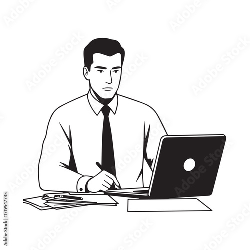 Black and white line art of a hardworking man at office desk with laptop and documents minimalist illustration