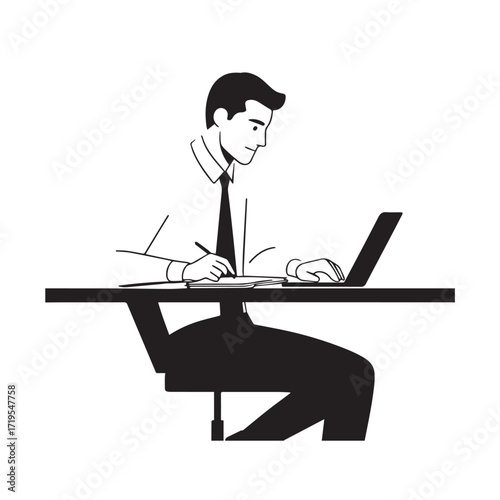 Black and white line art of a hardworking man at office desk with laptop and documents minimalist illustration