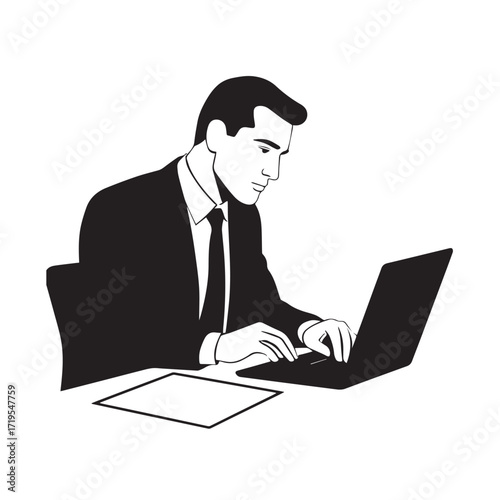 Black and white line art of a hardworking man at office desk with laptop and documents minimalist illustration