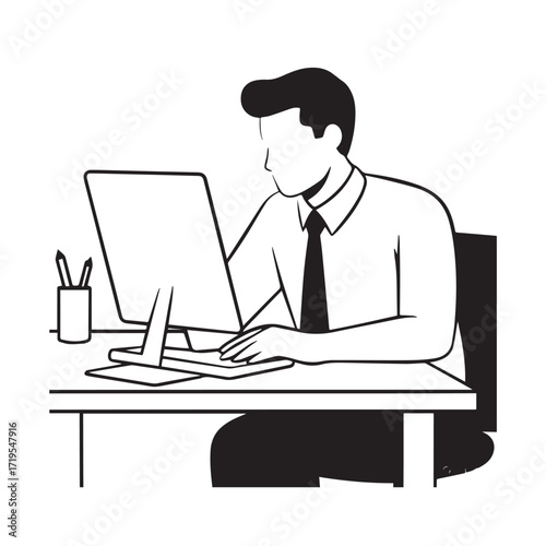 Black and white line art of a hardworking man at office desk with laptop and documents minimalist illustration