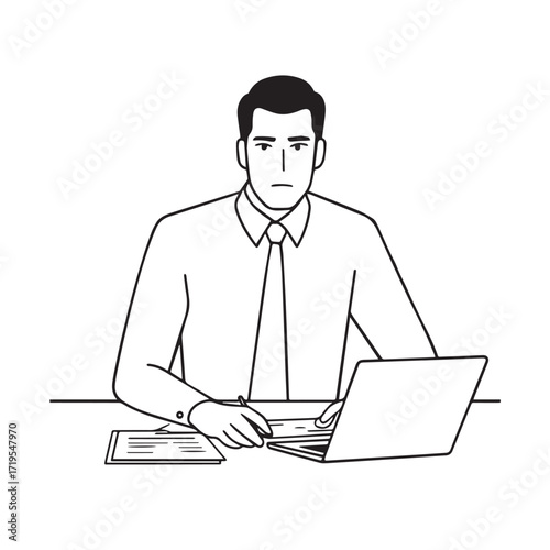 Black and white line art of a hardworking man at office desk with laptop and documents minimalist illustration