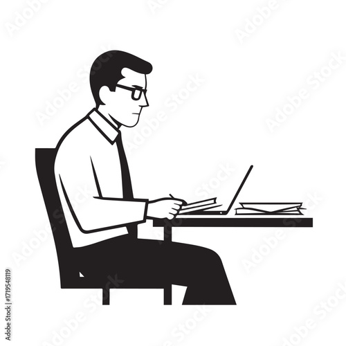 Black and white line art of a hardworking man at office desk with laptop and documents minimalist illustration