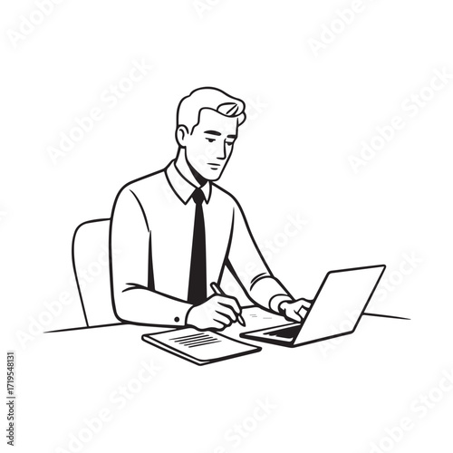 Black and white line art of a hardworking man at office desk with laptop and documents minimalist illustration