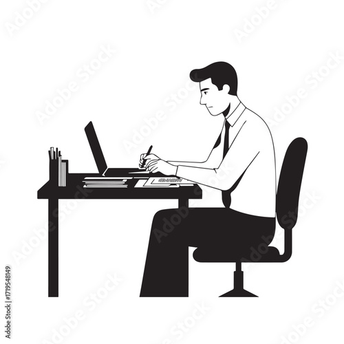 Black and white line art of a hardworking man at office desk with laptop and documents minimalist illustration