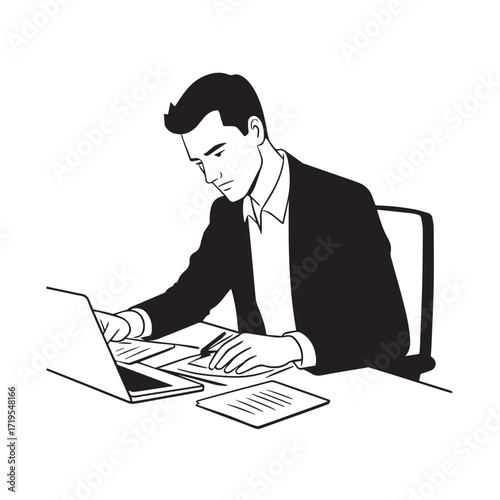 Black and white line art of a hardworking man at office desk with laptop and documents minimalist illustration
