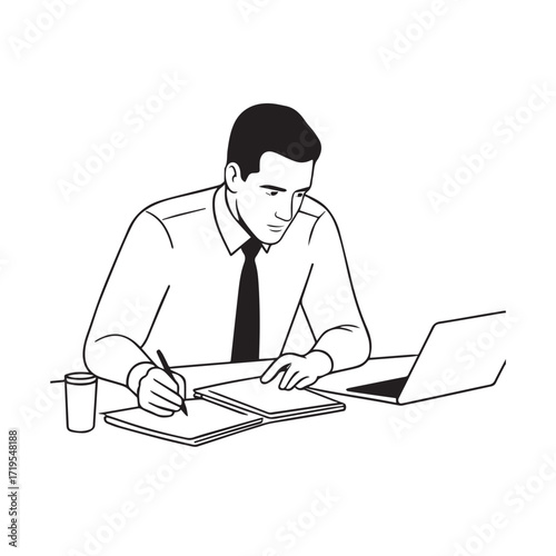 Black and white line art of a hardworking man at office desk with laptop and documents minimalist illustration