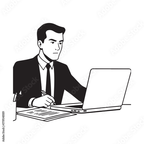 Black and white line art of a hardworking man at office desk with laptop and documents minimalist illustration