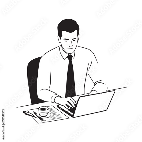 Black and white line art of a hardworking man at office desk with laptop and documents minimalist illustration