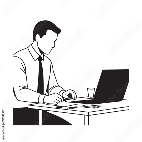 Black and white line art of a hardworking man at office desk with laptop and documents minimalist illustration