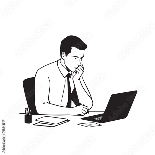 Black and white line art of a hardworking man at office desk with laptop and documents minimalist illustration