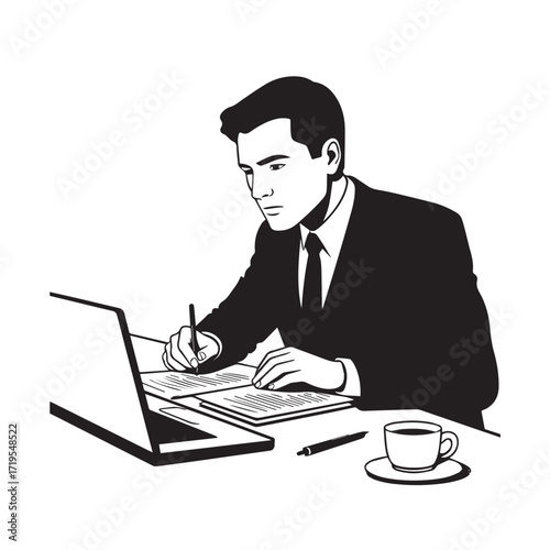 Black and white line art of a hardworking man at office desk with laptop and documents minimalist illustration