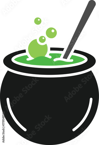 Spooky halloween witch cauldron bubbling green potion with stirring stick festive icon vector