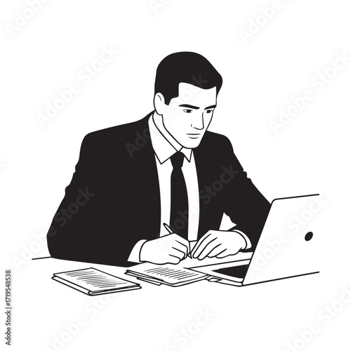 Black and white line art of a hardworking man at office desk with laptop and documents minimalist illustration