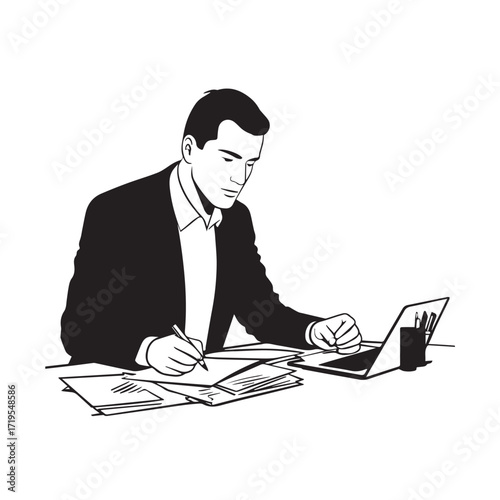 Black and white line art of a hardworking man at office desk with laptop and documents minimalist illustration