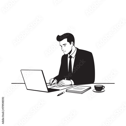 Black and white line art of a hardworking man at office desk with laptop and documents minimalist illustration