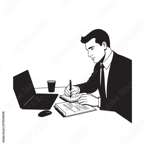 Black and white line art of a hardworking man at office desk with laptop and documents minimalist illustration