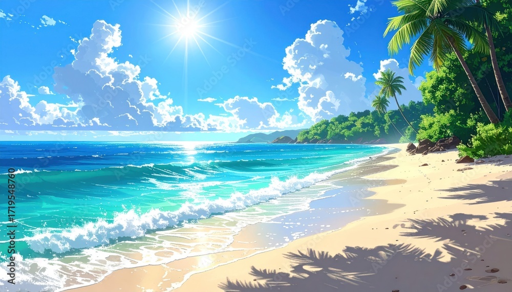 Fototapeta premium Tropical Sandy Beach with Turquoise Water and Palm Trees Under Bright Sunny Sky