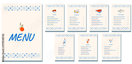 Elegant Italian and Mediterranean restaurant menu template in A4 format with decorative blue ornaments and food illustrations. Includes sections for starters, main courses, meat, fish, desserts, lemon