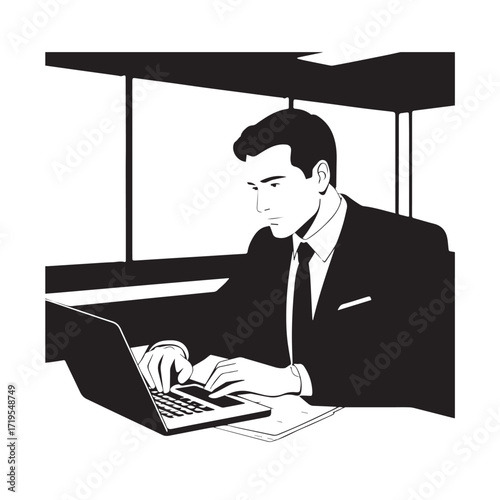 Black and white line art of a hardworking man at office desk with laptop and documents minimalist illustration