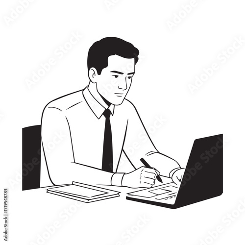 Black and white line art of a hardworking man at office desk with laptop and documents minimalist illustration