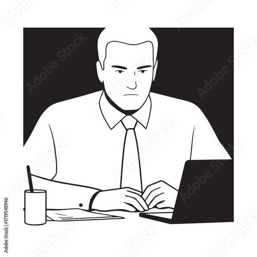 Black and white line art of a hardworking man at office desk with laptop and documents minimalist illustration