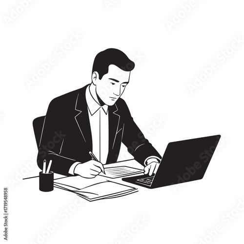 Black and white line art of a hardworking man at office desk with laptop and documents minimalist illustration
